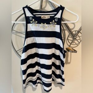 Hollister Navy Blue and White Striped Tank Top with Embellishments, Preppy